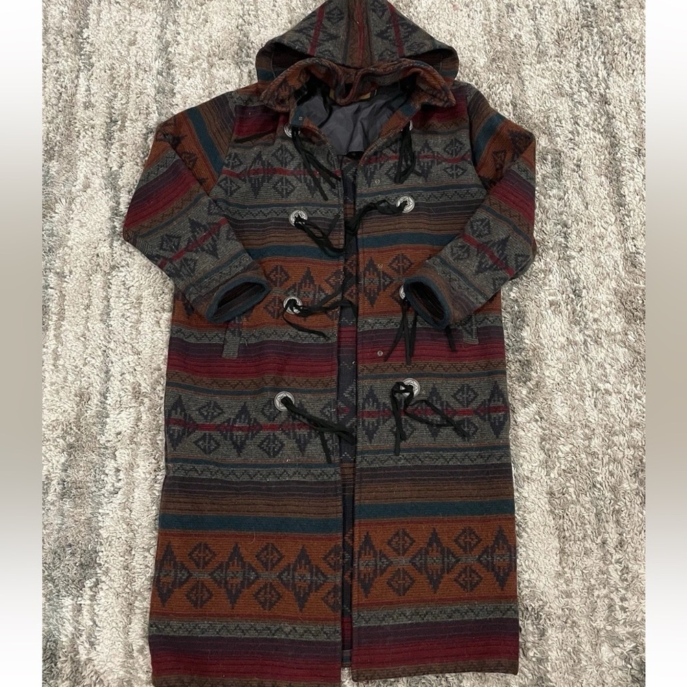 Woolrich Trench Coat Red and Brown Southwestern Design